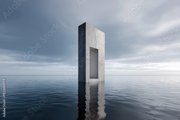 Fototapeta Solitary concrete monolith with central void over reflective water, abstract metaphor for ambition, resilience and future possibility
