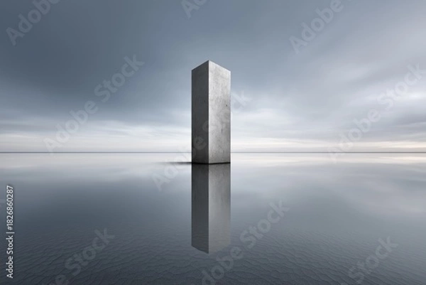 Fototapeta Solitary concrete monolith rising from still water under dramatic sky, abstract metaphor for ambition, growth and inner stability