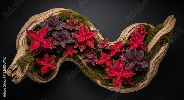 Fototapeta Organic Driftwood Display with Lush Red and Purple Foliage and Moss