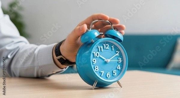 Obraz Person's hand gently sets a vibrant blue retro alarm clock on a clean wooden table, symbolizing important morning routines and efficient time management