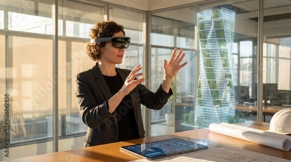 Fototapeta Augmented Reality Architecture Design with Sustainable Skyscraper Visualization