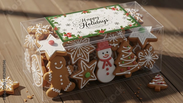Obraz Gingerbread cookies pack with holiday-themed decorations in clear box  