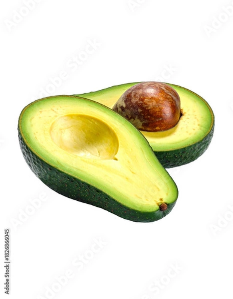 Obraz Avocado with Green Leaves - Falling Avocado pieces on Transparent Background - Cut open healthy raw food - Slices and Halves - Cosmetic Ingredient - Hair Shampoo and vitamin Benefits - Avocado Oil