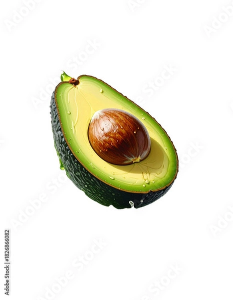 Fototapeta Avocado with Green Leaves - Falling Avocado pieces on Transparent Background - Cut open healthy raw food - Slices and Halves - Cosmetic Ingredient - Hair Shampoo and vitamin Benefits - Avocado Oil