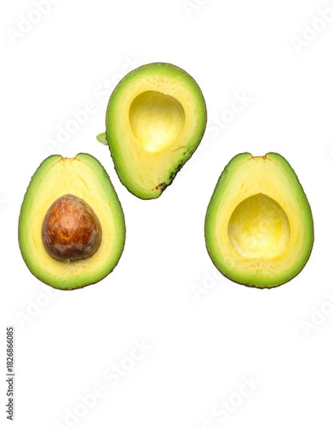 Fototapeta Avocado with Green Leaves - Falling Avocado pieces on Transparent Background - Cut open healthy raw food - Slices and Halves - Cosmetic Ingredient - Hair Shampoo and vitamin Benefits - Avocado Oil