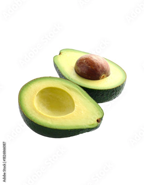 Fototapeta Avocado with Green Leaves - Falling Avocado pieces on Transparent Background - Cut open healthy raw food - Slices and Halves - Cosmetic Ingredient - Hair Shampoo and vitamin Benefits - Avocado Oil