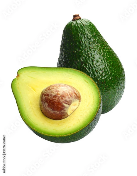 Obraz Avocado with Green Leaves - Falling Avocado pieces on Transparent Background - Cut open healthy raw food - Slices and Halves - Cosmetic Ingredient - Hair Shampoo and vitamin Benefits - Avocado Oil