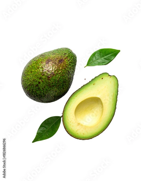 Obraz Avocado with Green Leaves - Falling Avocado pieces on Transparent Background - Cut open healthy raw food - Slices and Halves - Cosmetic Ingredient - Hair Shampoo and vitamin Benefits - Avocado Oil