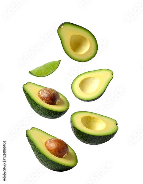 Fototapeta Avocado with Green Leaves - Falling Avocado pieces on Transparent Background - Cut open healthy raw food - Slices and Halves - Cosmetic Ingredient - Hair Shampoo and vitamin Benefits - Avocado Oil
