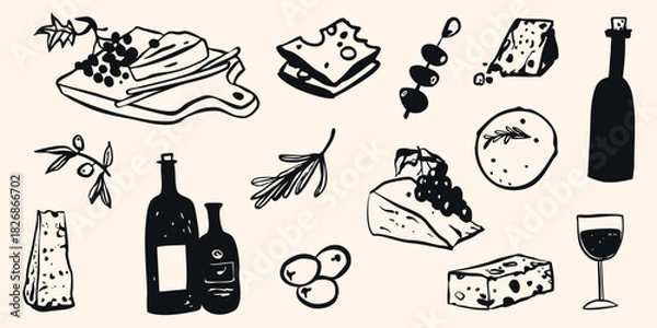 Fototapeta Elegant charcuterie board illustration featuring bottles, glasses, grapes, and Italian snacks in minimalist line art style ideal for summer party invitations