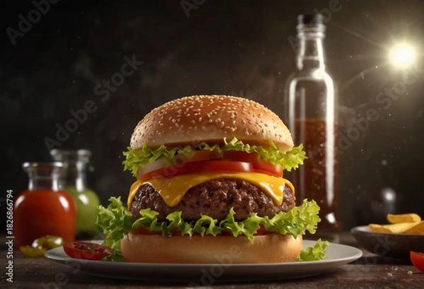 Obraz burger on plate in kitchen. Generative AI