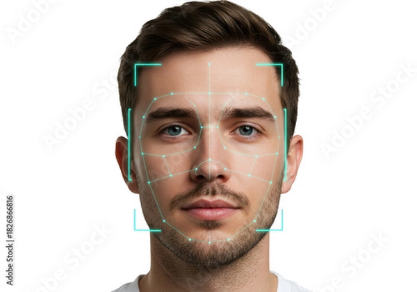 Fototapeta Man s face scanned by facial recognition technology isolated on transparent background