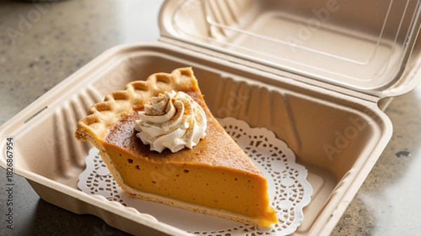 Fototapeta Pumpkin pie takeaway slice with whipped cream in cardboard tray  