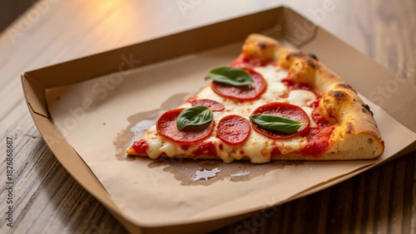 Fototapeta Takeaway pizza slice with tomato and basil on cardboard tray  