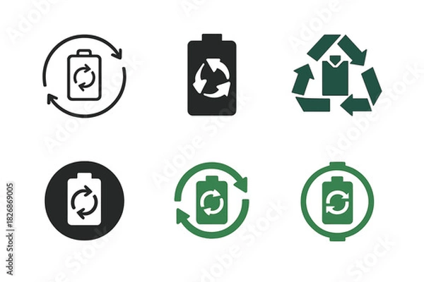 Obraz Sustainable Battery Logos. Sustainable battery recycling. Icon set. Set Logo of sustainable battery recycling: battery with recycling arrows. harmonious logo