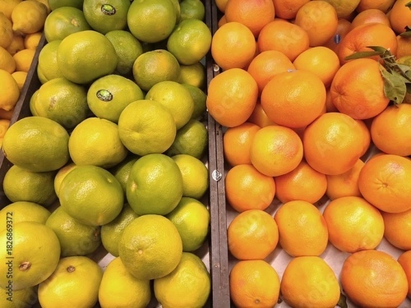 Obraz Oranges et agrumes verts disposés en étal de supermarché