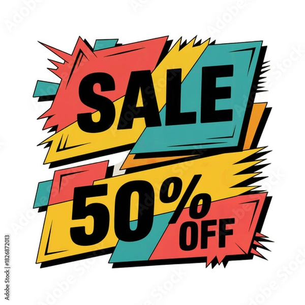 Fototapeta Dynamic and vibrant sale announcement featuring fifty percent off with bold typography and energetic abstract brush stroke elements isolated on transparent background