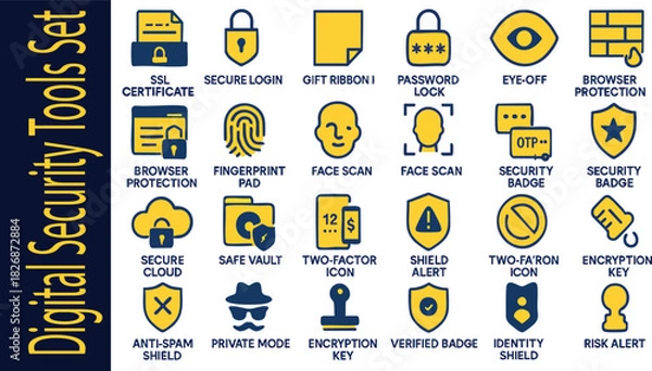 Fototapeta Digital Security Tools: A comprehensive set of digital security icons. Featuring essential tools for online protection. Showcasing security certificate, secure login, password lock and more