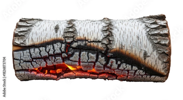 Fototapeta Burning birch log isolated PNG, firewood with flames on transparent background for campfire and winter season
