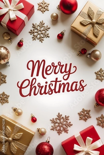 Fototapeta Christmas gifts and decorations arranged on a white background.