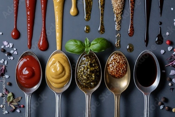 Fototapeta Assortment of gourmet sauces and condiments on spoons, top view