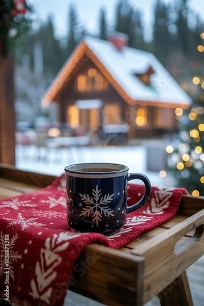 Obraz Cozy winter morning with hot drink and snowy cabin view