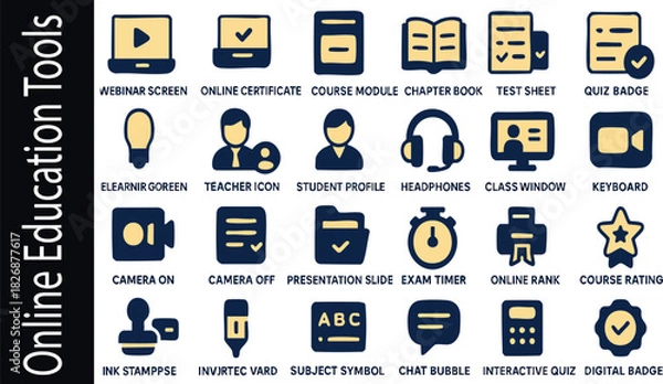 Fototapeta Online Education Icons: A set of clean, minimalist icons symbolizing the various tools and elements of digital learning. The icons are displayed against a sleek backdrop.