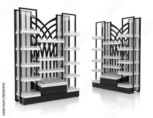 Fototapeta Retail display stands with high-contrast black and white design. Product acrylic metal display stands with black arched pattern and white shelves. 3d illustration on white background