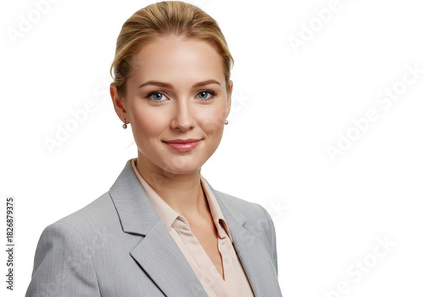 Fototapeta Professional portrait of a young caucasian woman smiling confidently in business attire transparent background