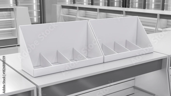 Fototapeta Close-up of empty display organizer boxes with dividers on supermarket countertop. 3d illustration