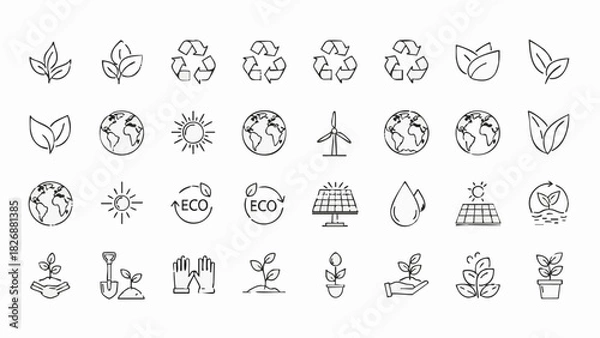 Obraz Hand drawn eco friendly icons set with leaves recycling symbols earth sun wind turbine solar panel water drop and plants