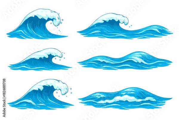 Fototapeta Set of stylized blue ocean waves featuring cresting foam and splashing water