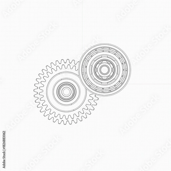 Fototapeta Technical line drawing of multi-gear transmission system with parallel shafts. Detailed schematic highlights gear alignment, mechanical complexity, and engineering logic in motion design.