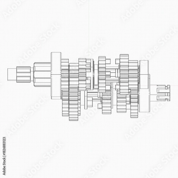 Fototapeta Technical line drawing of multi-gear transmission system with parallel shafts. Detailed schematic highlights gear alignment, mechanical complexity, and engineering logic in motion design.