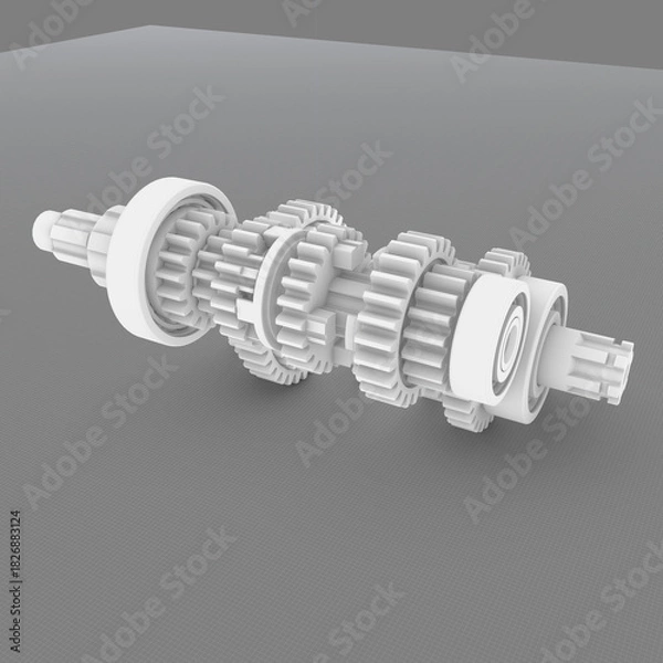 Fototapeta Monochrome 3D render of gear assembly with multiple interlocking gears, spacers, and shafts. Linear configuration emphasizes torque flow, mechanical precision, and transmission design logic.