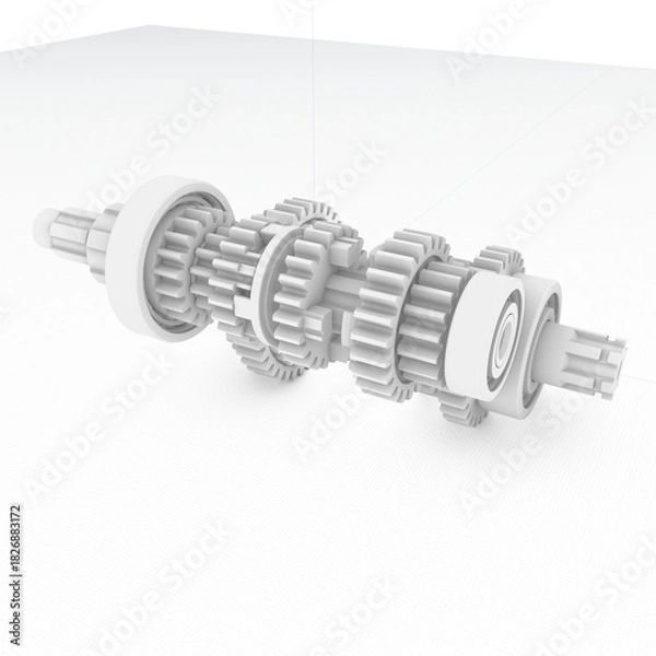 Fototapeta Monochrome 3D render of gear assembly with multiple interlocking gears, spacers, and shafts. Linear configuration emphasizes torque flow, mechanical precision, and transmission design logic.