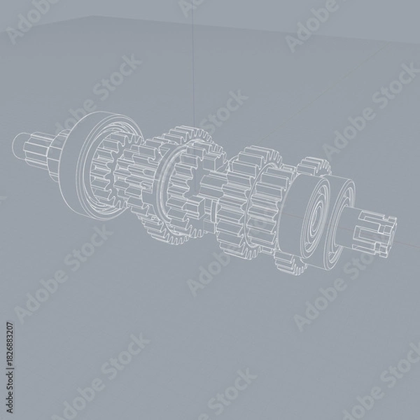 Fototapeta Wireframe drawing of linear gear assembly with interlocking components and parallel shafts. Technical schematic emphasizes mechanical design, torque flow, and engineering precision.