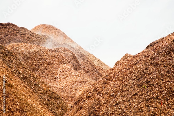 Obraz Mountains of wood chips against a gray sky close-up