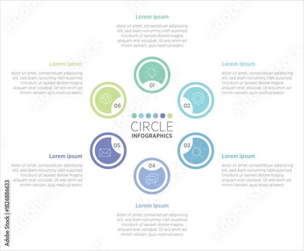 Obraz A six‑circle infographic is a visual layout that uses 6 connected or separate circles to represent steps, categories, or key points. Each circle contains a short label or icon
