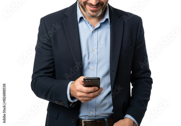 Fototapeta Man in suit holding smartphone isolated on transparent background