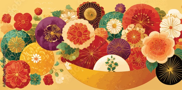 Obraz Wektorowa ilustracja w stylu japońskim z bogactwem kolorowych kwiatów i liści na żółtym tle.