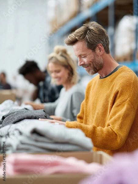 Fototapeta Diverse team sorting donations in a warehouse. Engaged workers organizing clothing. Could symbolize charity, community, volunteerism, or ethical business practices.