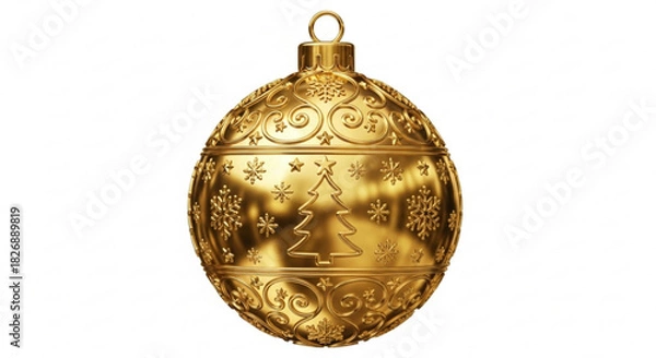 Obraz Golden christmas tree ornament with intricate festive patterns including snowflakes and a christmas tree, isolated on white background for holiday designs.