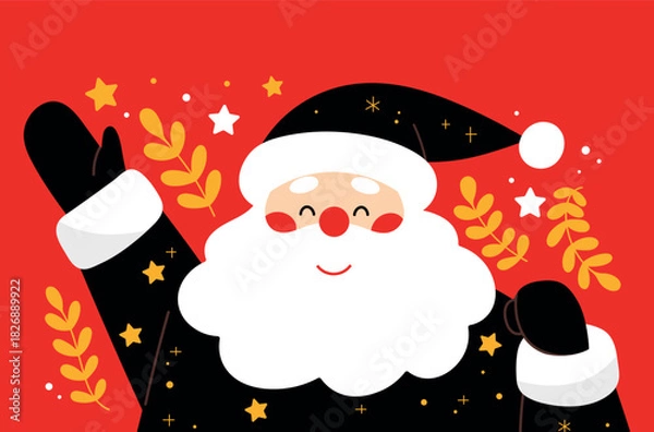 Obraz Cute Santa Claus vector illustration on a red background. Merry Christmas. Perfect for Christmas cards, posters, invitations, banners, and holiday designs.