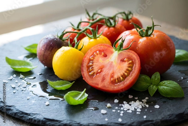 Obraz Colorful Heirloom Tomatoes, Basil, and Sea Salt on a Dark Slate Board.