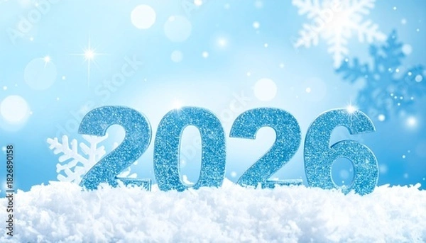 Obraz Happy New Year 2026 in Glittery Blue Text with Snow Accents on Light Blue Gradient Background