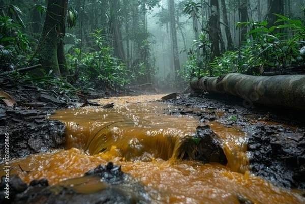 Obraz Autumn stream flowing through dense rainforest with rich greenery and mist in the early morning light