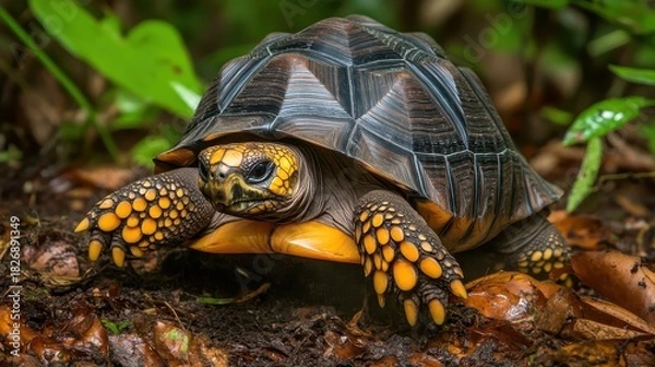 Obraz A yellow footed tortoise with its patterned shell is seen on the forest floor