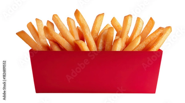 Fototapeta French fries in red paper container, golden and crispy, isolated on transparency background, fast food snack, delicious and appetizing, perfect for lunch or dinner
