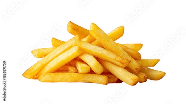 Fototapeta Golden french fries, crispy potato snack, fast food, delicious and salty, isolated on transparency background, perfect for lunch or side dish, appetizing and fresh